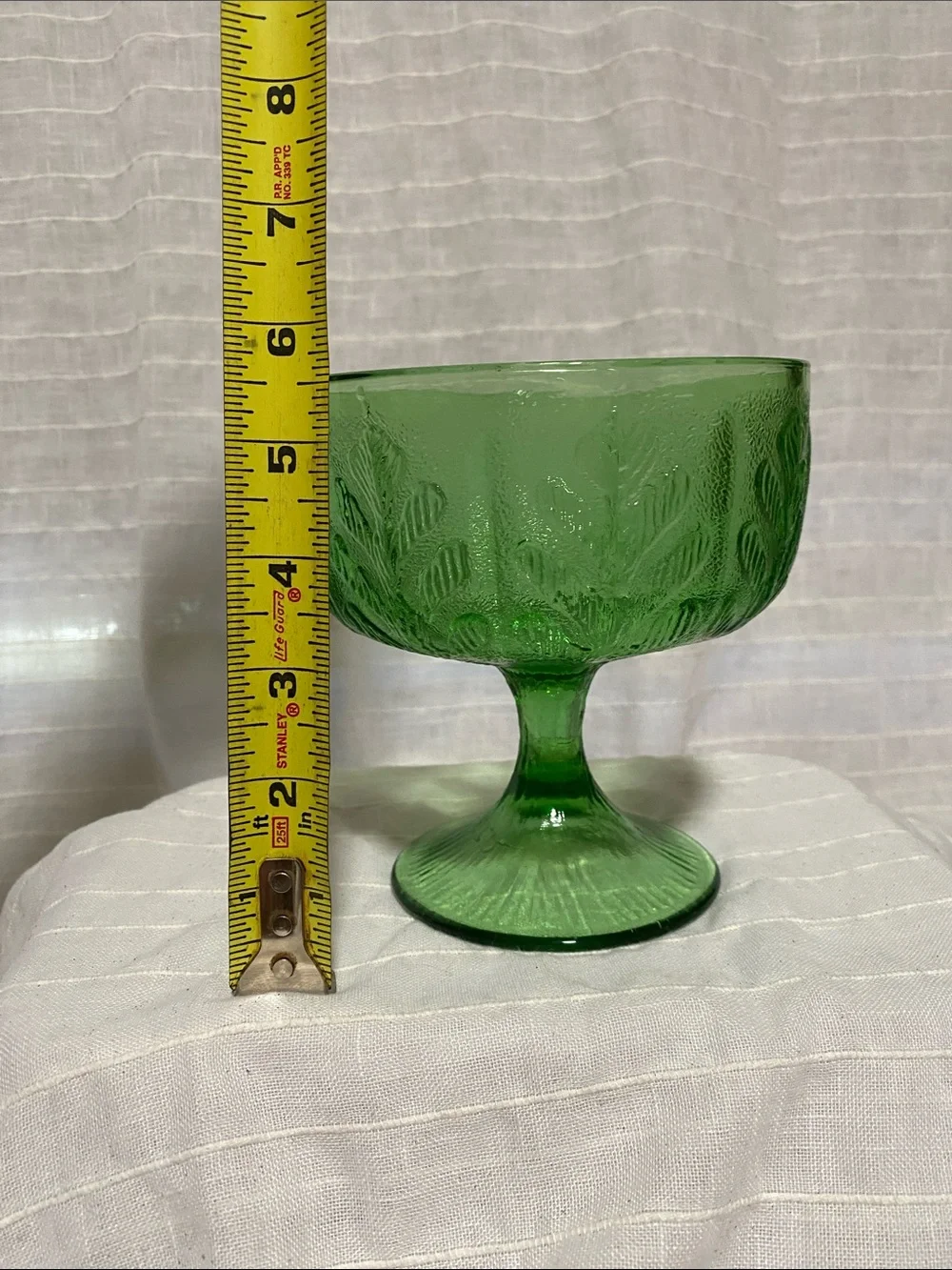 Vintage collectable FTDFloral oak leaf Green Pressed Glass Pedestal Bowl